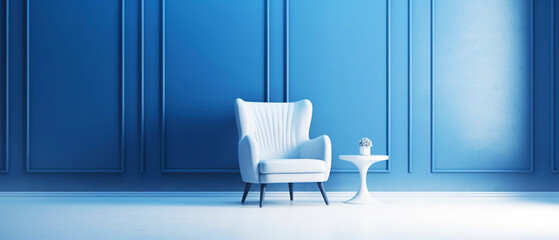 Interior empty blue room with white armchair. Copy space. Modern design stylish apartment. Generative AI