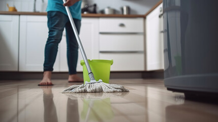 Fototapeta premium Young Man Expertly Mopping the Floor in a Modern Kitchen. Generative AI
