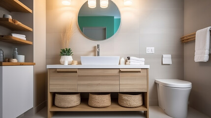 Fototapeta na wymiar Interior of bathroom with ceramic sink, drawers and shelving unit. Generative AI