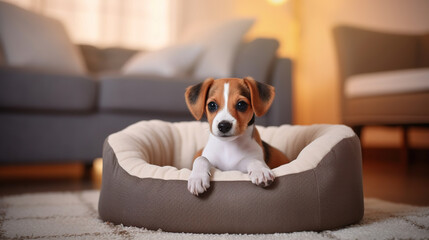 Cute funny puppy in dog bed at home. Generative AI