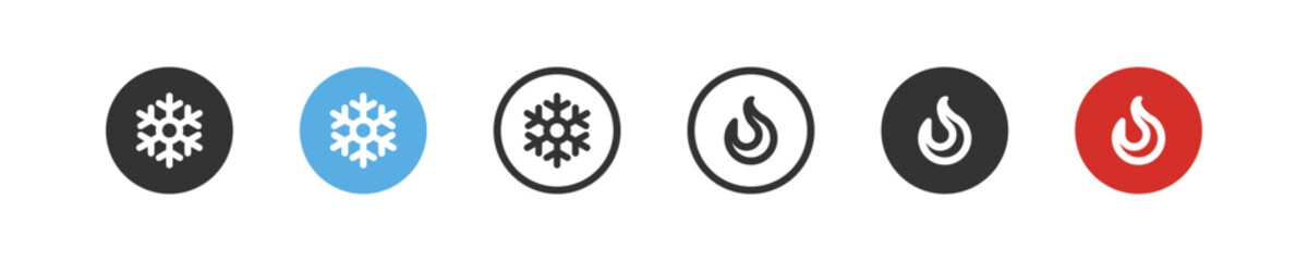 Snowflakes and fire icon set. Сold and hot symbol. Ice and burning sign in vector flat style. 