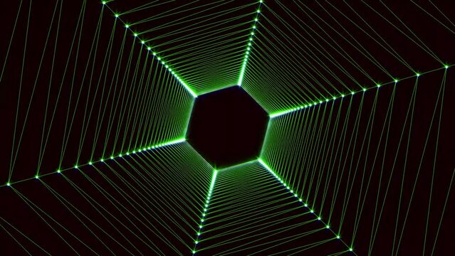 neon tunnel with revolving square frames, and abstract neon background. spectrum of modern, vibrant neon lights. Modern colorful lighting, fluorescent UV light, and 4K loop animation.