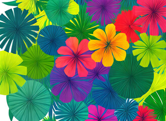 Tropical botanical papercut with neon colors.