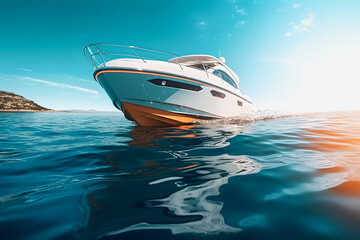Fototapeta premium Bold and Vibrant: White and Orange Yacht in Extreme Angle Photography