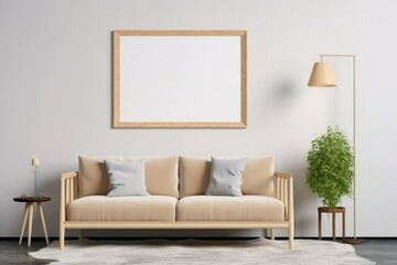 Mockup of one wooden frame on white wall in living room with beige couch, plants. AI Generated.