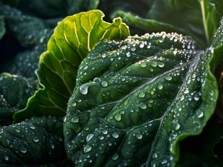 Obraz premium collard greens in a garden with morning dew