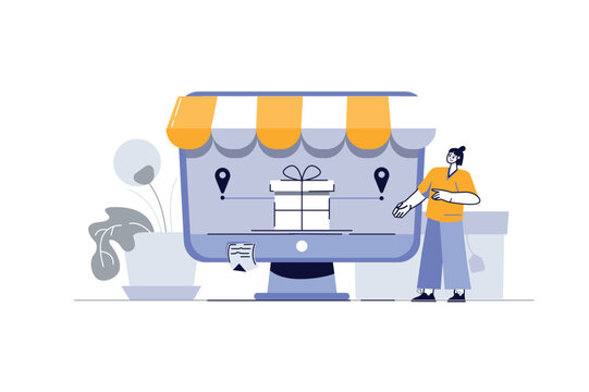 Concept Fast delivery with people scene in the flat cartoon design. A woman orders a gift with fast home delivery. Vector illustration.