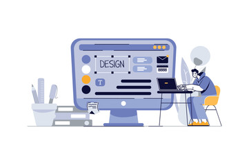 Design studio concept with people scene in the flat cartoon style. The designer creates the concept of the website. Vector illustration.