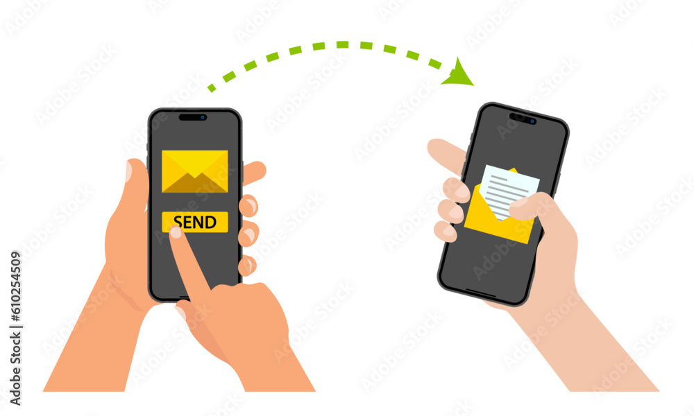 Poster hand holding a smart phone on the envelope screen and pressing the send button, while a notification