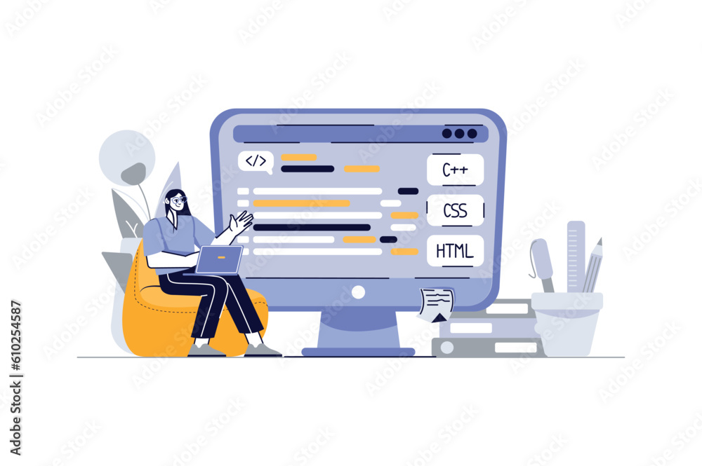 Aufkleber Concept Programming with people scene in the flat cartoon style. A programmer is working on writing new code. Vector illustration.