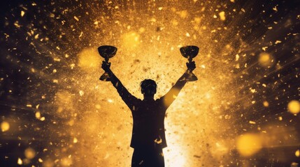 Successful man holding up a shining gold trophy