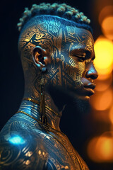 Obraz premium A close up of a person with tattoos on their face. Generative AI. African model with futuristic face paint.
