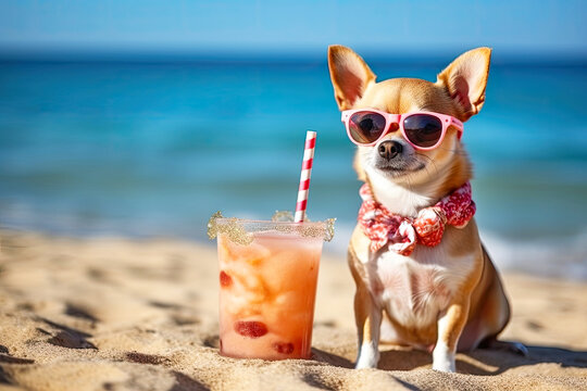 Chihuahua dog is relaxing on the beach with a cocktail. Resort holiday concept with pets. Generative AI