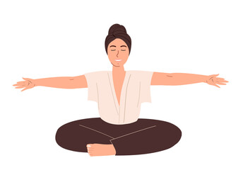 Young Female Character Realxing in Engage Yoga Practice Isolated on White Background.Woman Meditating,Sitting with wide opened Arms.Pilates Workout,Training Class.Cartoon People Vector Illustration