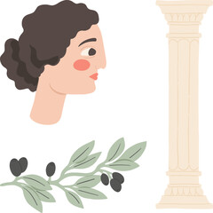 Greek antique woman portrait, olive brach, and Mediterranean column. Travel or vacation concept. Greek traditional heritage. Hand-drawn vector illustration. 