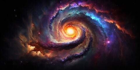 Universe concept. Space with a galaxy swirling around, colorful nebula, swirl, whirl, vortex, solar system, stars and planets, black void. Realistic illustration, wallpaper, background. Generative Ai.