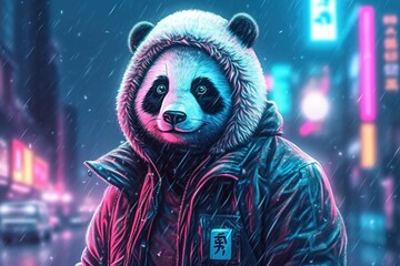 Obraz na płótnie Canvas Cyberpunk panda bear in the night. Panda outdoors in winter. generative ai