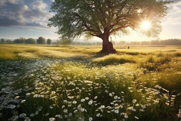 Fototapeta na wymiar Spring blooming meadow with tree in background at sunrise. Generative AI
