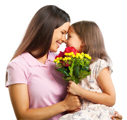 Mother and cute daughter with a bouquet of flowers