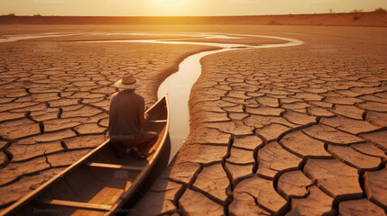 Young man paddle a boat at dry cracked earth hot weather of the sun, Drought and water crisis. Generative AI - obrazy, fototapety, plakaty