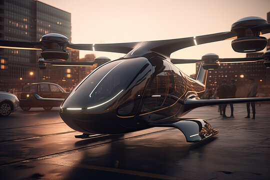 Luxury modern and futuristic air taxi ready to fly in modern city. Generative AI.
