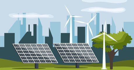Solar panels on the background of the city. The energy of nature. Ecology. Vector stock illustration. Energy from the wind