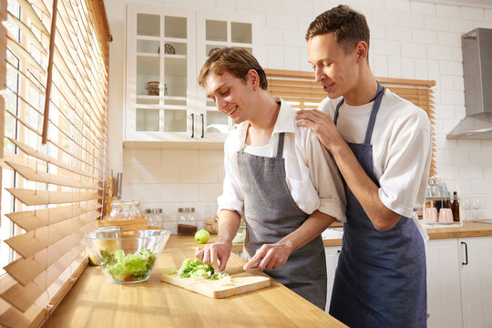 LGBT gay couple cooking vegetables together in the kitchen