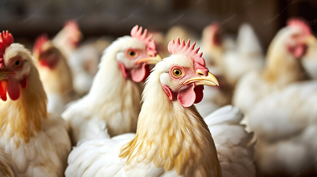 Broiler Chickens Indulge in Nutritious Food at the Poultry Farm. Generative AI