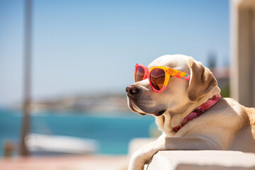Fototapeta na wymiar A white labrador dog resting on the beach. A seaside holiday concept with animals. Generative AI