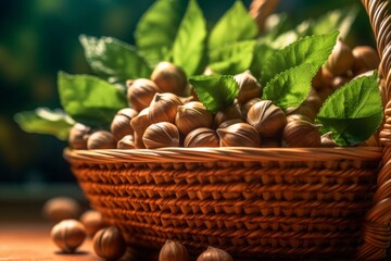 hazelnuts in a woven basket with some leaves around them