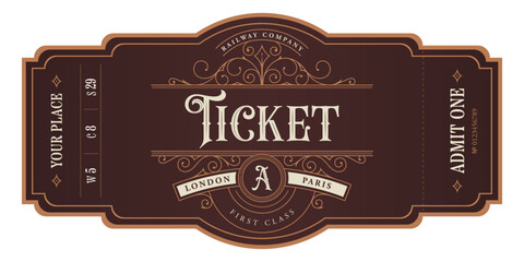  Train vintage ticket template on dark brown background. For excursion routes, retro parties and clubs and other projects. Just add your text. Vector, can be used for printing. - obrazy, fototapety, plakaty