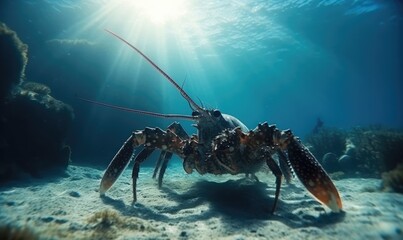 Close-up of a magnificent lobster underwater with colorful surroundings Creating using generative AI tools