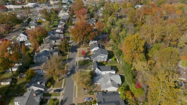 Overhead View Of Car Driving Down The Street Through A Nice Residential Neighborhood In St. Louis On A Pretty Day In Autumn.