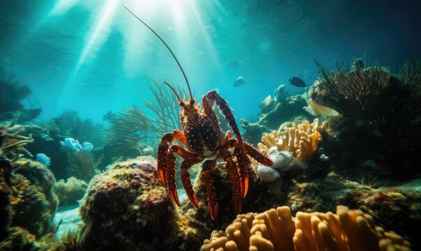 Vibrant and detailed close-up image of a lobster in the depths of the ocean Creating using generative AI tools