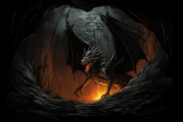 Black Fantasy Dragon in a dark cave. Fierce Monster Growls and prepare to attack. Standing tall and proud with its wings spread wide. Full body. Mythical creatures. Ancient reptile. 3D Digital art