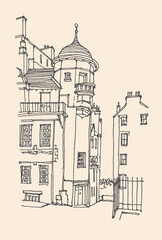 Old town street in Scotland, Edinburgh. Historical building line art. Freehand drawing. Travel sketch. Urban sketch of Edinburgh in retro style. Travel sketch. Background colors craft paper.