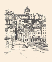 Old town street in Scotland, Edinburgh. Historical building line art. Freehand drawing. Travel sketch. Urban sketch of Edinburgh in black color isolated on beige background. Hand drawn travel postcard