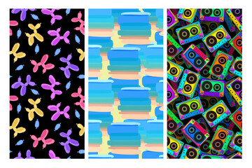 Vector collection of three colorful seamless patterns with bubble puppies, audiocassettes and abstract shapes.