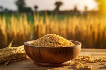 bulgur wheat placed in a rustic wooden bowl, against a natural backdrop of wheat fields