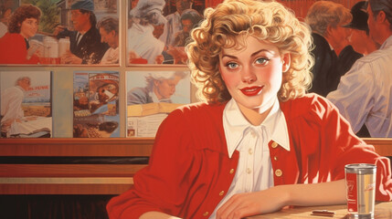 Fototapeta premium The beauty image of the 1980s poster, set in a cafe, retro atmosphere