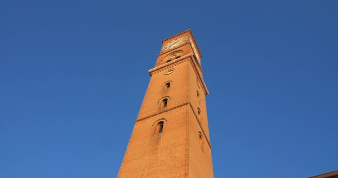 Torre Civica Against Blue Sky In Forli, Province Of Forl&igrave;-Cesena, Italy. Low Angle