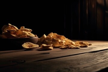 Dehydrate or dried banana chips on wooden table. Dim studio light. Generative Ai. 