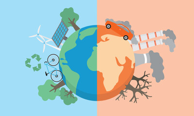 Climate change concept infographic, compared between sustainability ecology with high pollution earth, therefore weather global greenhouse warming risks outline concept. 
