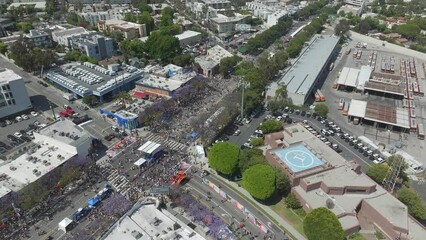 Aerial 4K June 2023 West Hollywood Pride Festival in Los Angeles, California, USA.