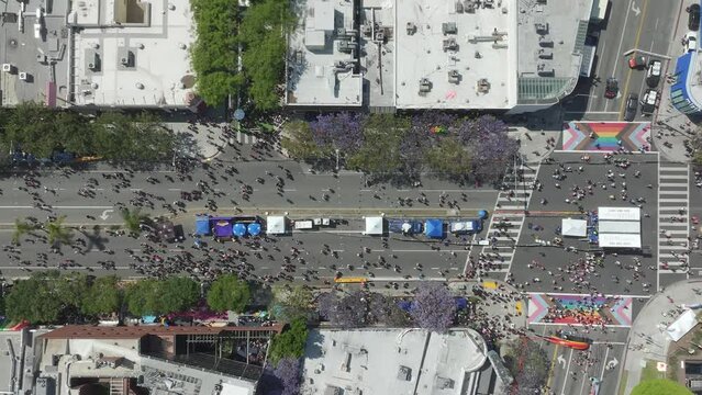 Aerial 4K June 2023 West Hollywood Pride Festival in Los Angeles, California, USA.