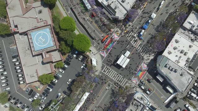 Aerial 4K June 2023 West Hollywood Pride Festival in Los Angeles, California, USA.