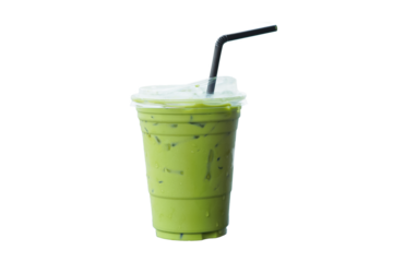 Iced of milk matcha green tea in plastic cup isolated white background. PNG file