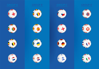 Flags of under 21 European football tournament 2023 sorted by group, flags in the style of a soccer ball.