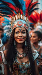 Imaginary young woman in Brazilian samba costume and head decoration with feathers participates in a Latin-American festival, carnival or parade