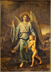 NAPLES, ITALY - APRIL 20, 2023: The paintign of Guardian angel in church Basilica di Santa Maria...